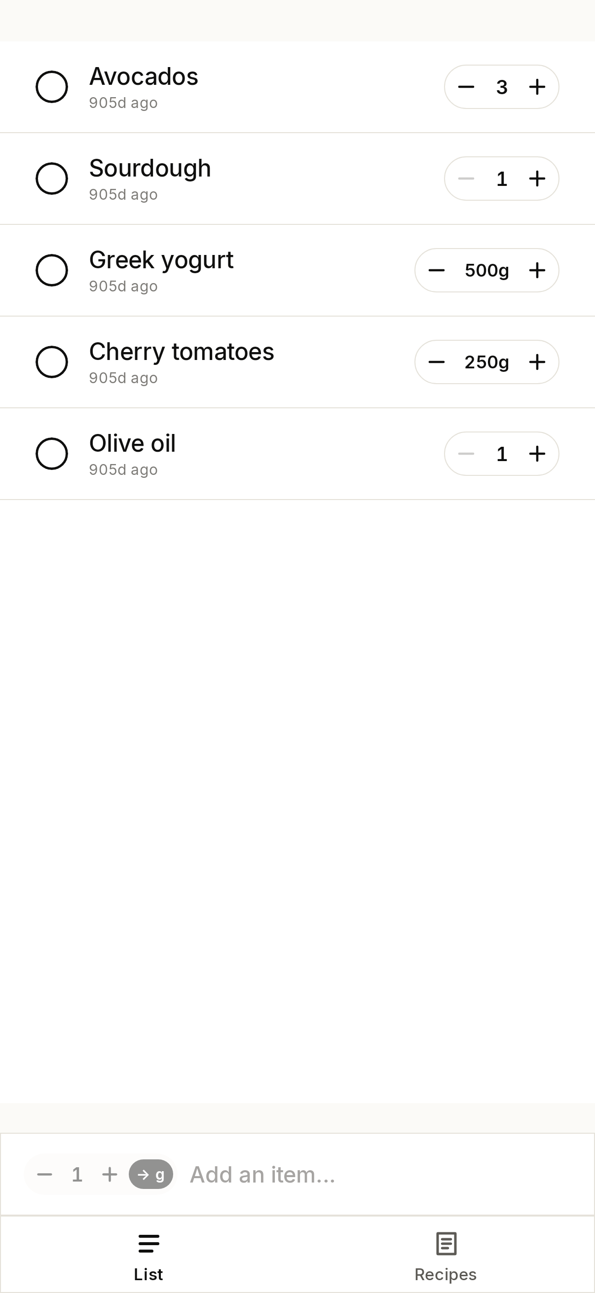 Cartlet's main shopping list view