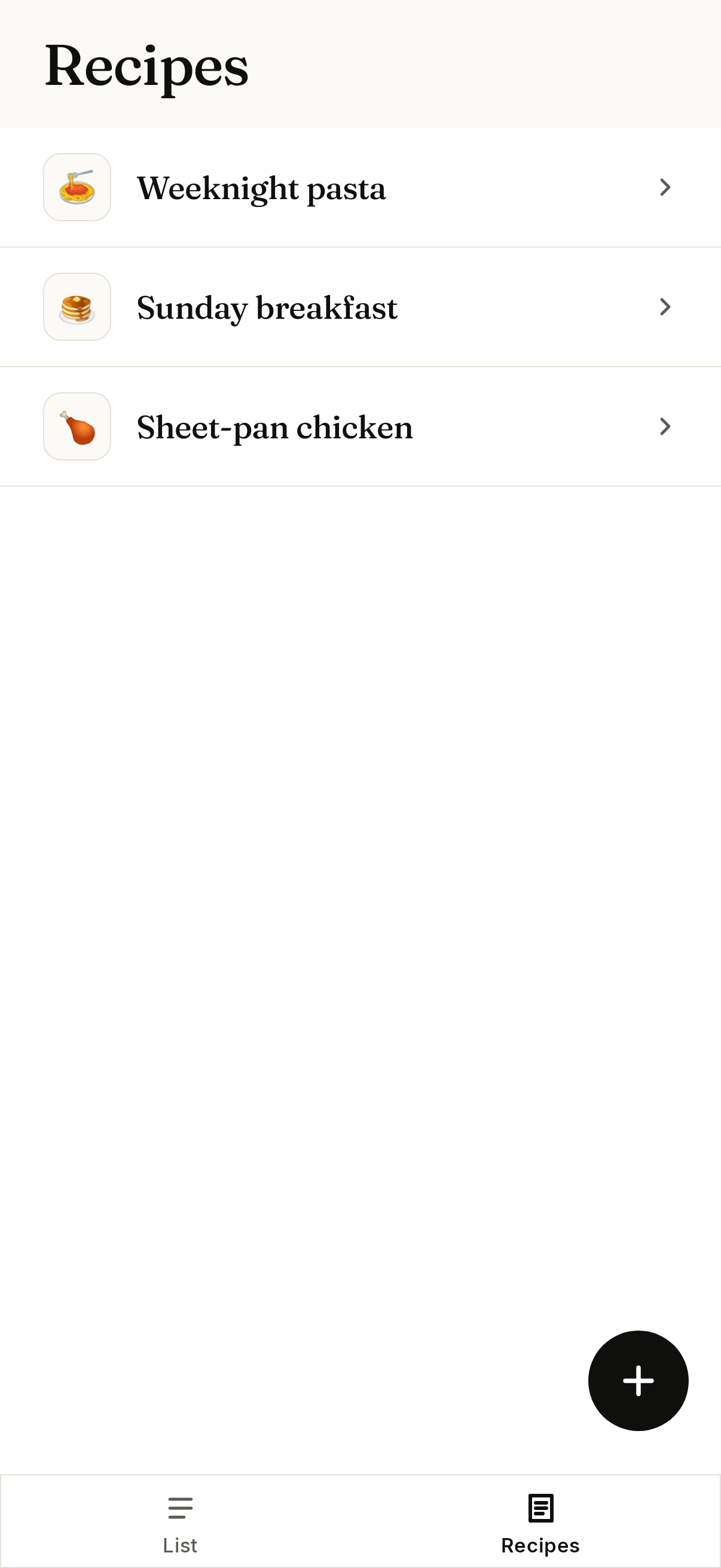 The recipes screen, showing saved recipes